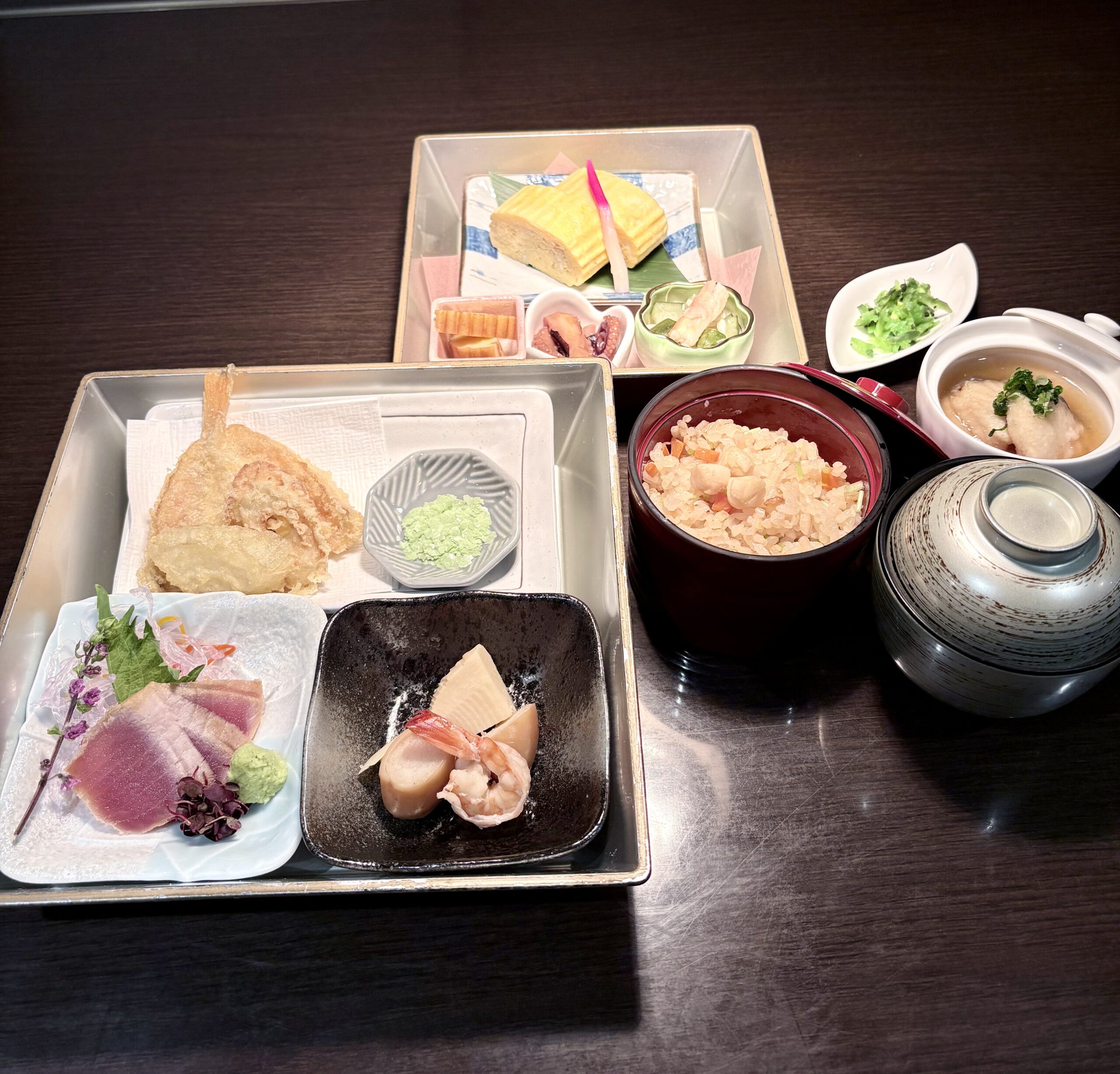 漬けマグロ/鰆の唐揚げ みぞれあんかけ/小柱の炊き込みご飯